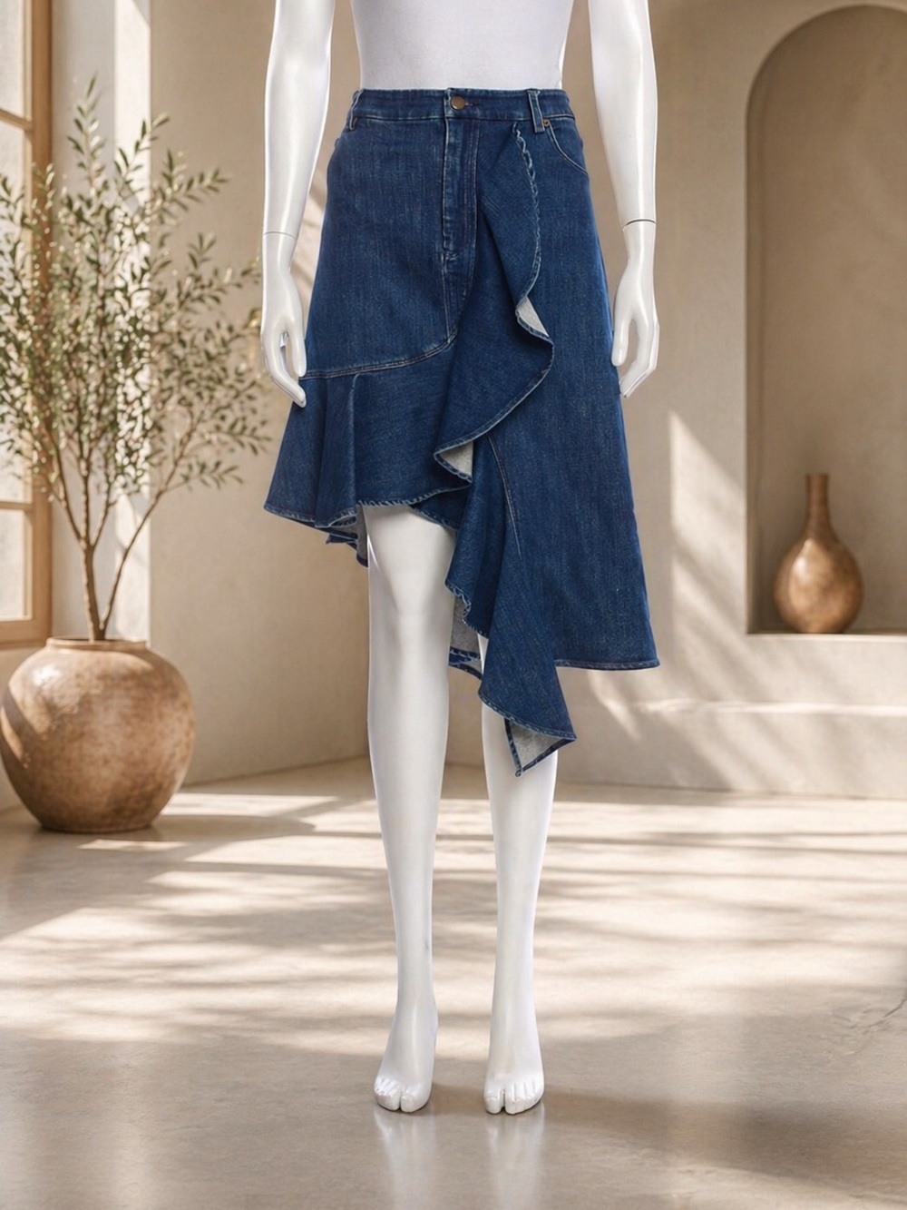 AMUR Dark Blue Asymmetrical Ruffle Denim Skirt